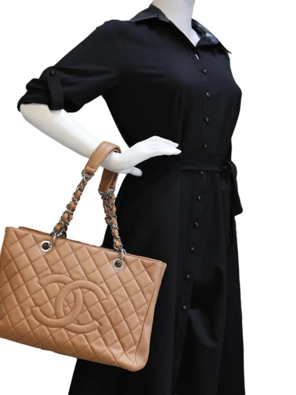 Chanel Grand Shopping Quilted Caviar Leather Tote Bag Nude